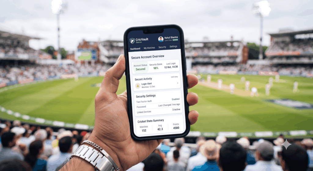 A close-up view of a person holding a black smartphone displaying the CricVault Secure app dashboard, with a packed cricket stadium visible in the blurred background.